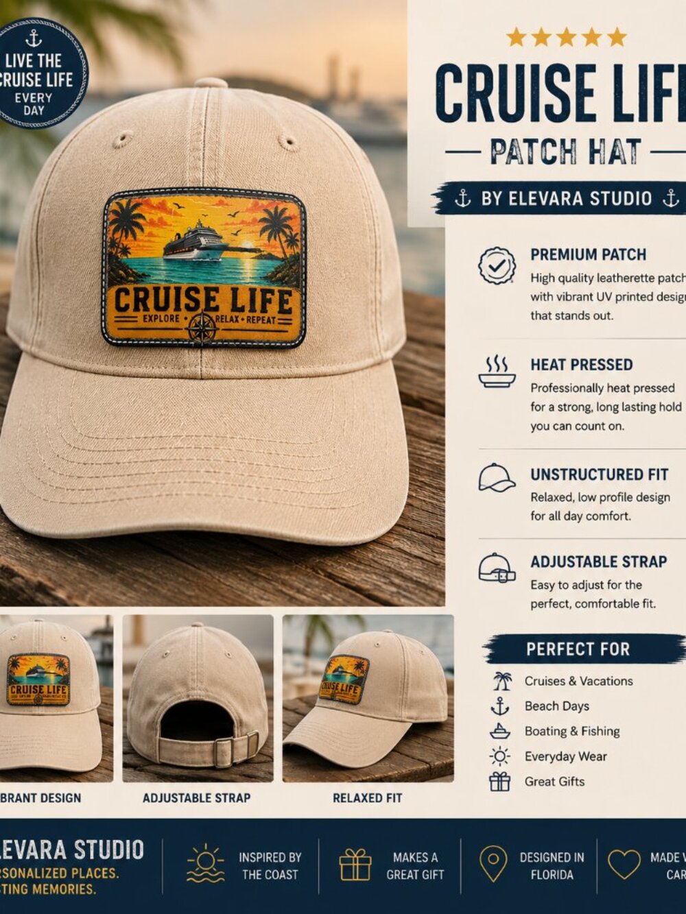 Cruise Life Leather Patch Hat Beach Vacation Adjustable Baseball Cap Khaki